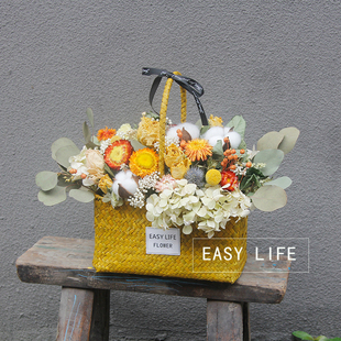 创意礼物黄玫瑰永生花棉花 干花花篮 开业花篮软装摆设生日礼物