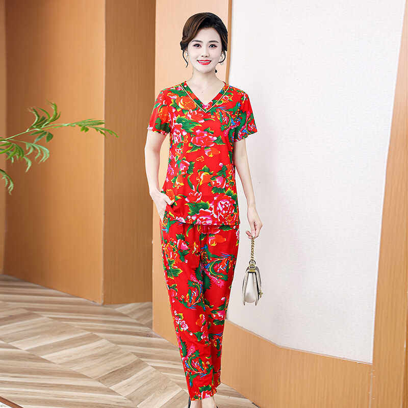网红中老年妈妈夏季短袖睡衣上衣裤子两件套居家户外东北大花套装