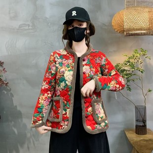夹棉短款复古民族风宽松东北大花棉衣加绒保暖棉服网红妈妈装棉袄