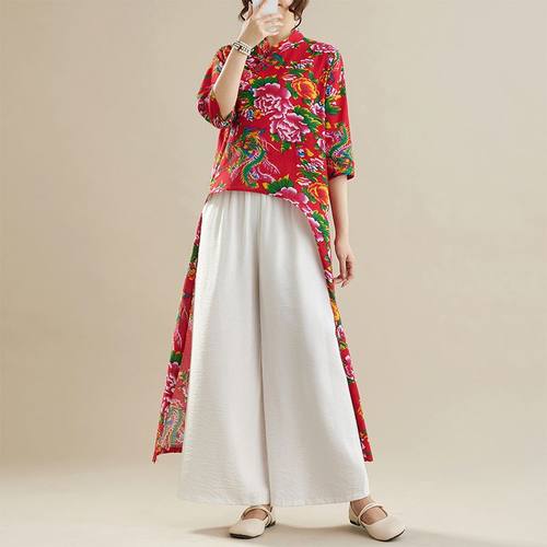 东北大花棉麻不规则旗袍连衣裙女