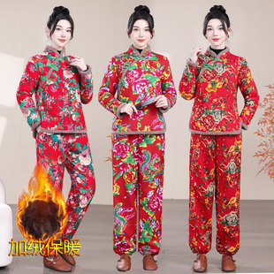 秋冬新款东北大花中国风两件套唐装改良棉衣绒裤中老年妈妈演出服