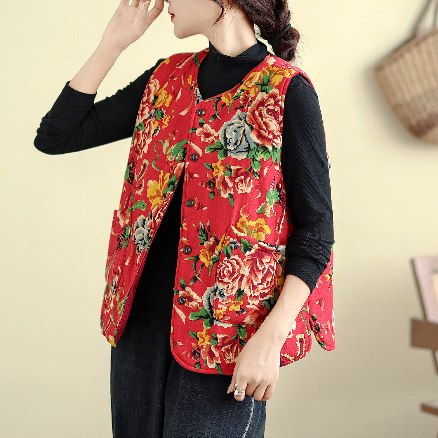 秋冬新款文艺复古百搭东北大花棉麻保暖无袖棉袄马甲背心夹棉坎肩
