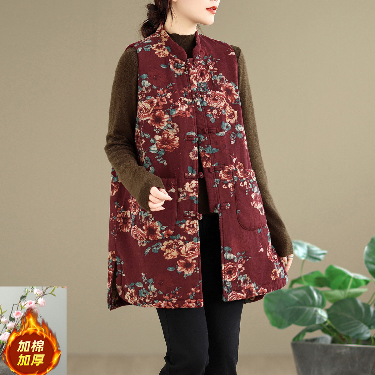 中老年妈妈印花中式夹棉复古马夹