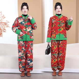 东北大花棉袄加绒夹棉宽松立领盘扣棉服棉裤二件套中国风潮流唐装
