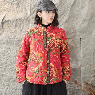 复古中式立领盘扣棉衣宽松短款时尚外套轻便棉服大花棉袄演出服女
