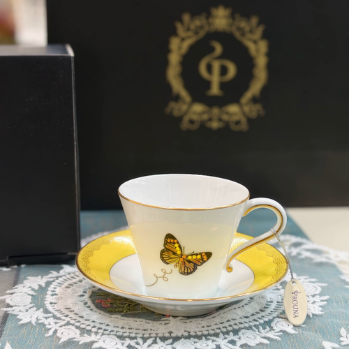 韩国原装进口prouna 骨瓷餐具蜻蜓 蝴蝶水晶 咖啡杯 茶杯下午茶
