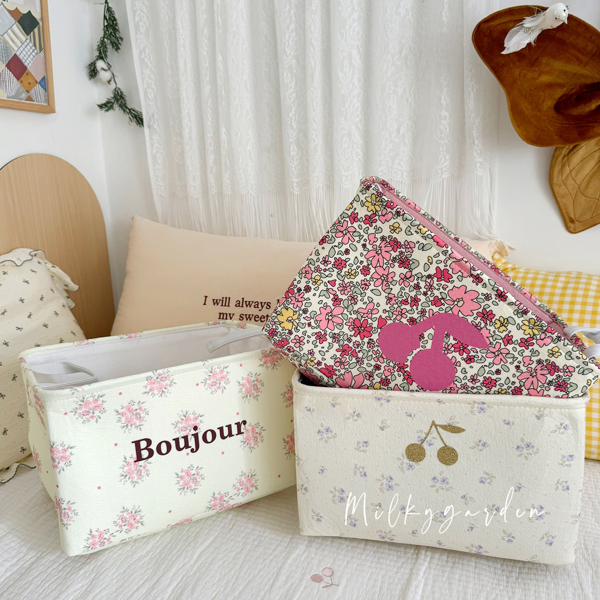 milky碎花田园布艺桌面收纳筐储物箱折叠箱整理箱衣柜玩具收纳蓝,收纳整理,收纳筐,淘宝优惠券,粉丝福利购,淘宝优惠卷