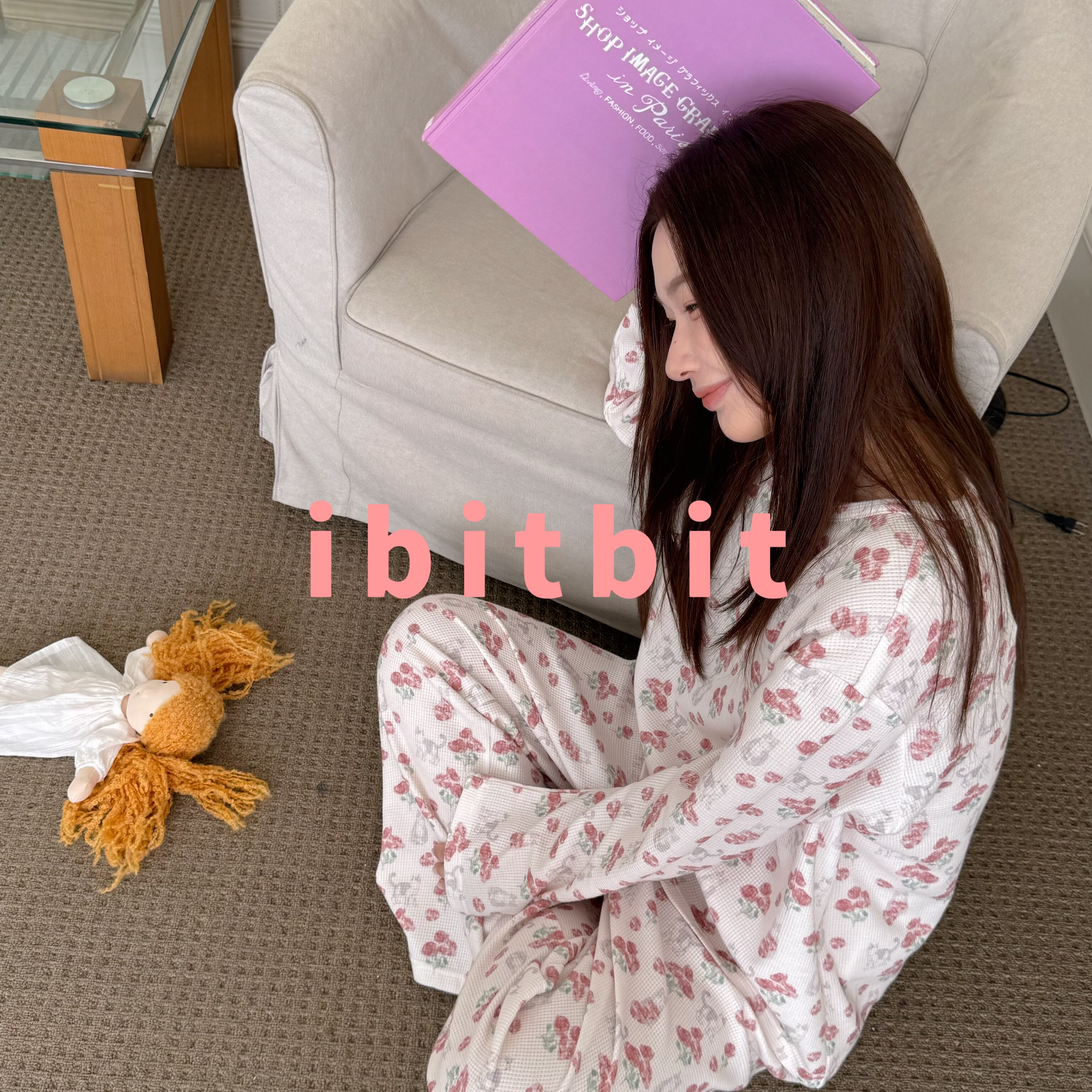 韩版加厚华夫格玫瑰猫咪纽扣睡衣