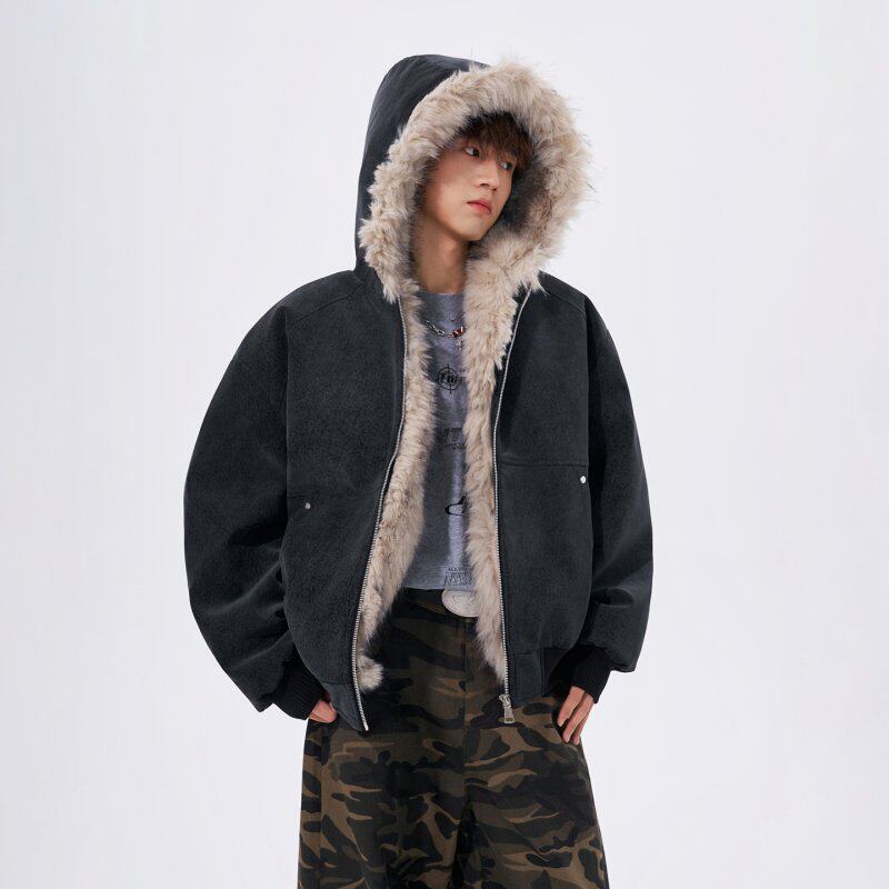 做旧霜冻解构男冬季皮毛一体棉服