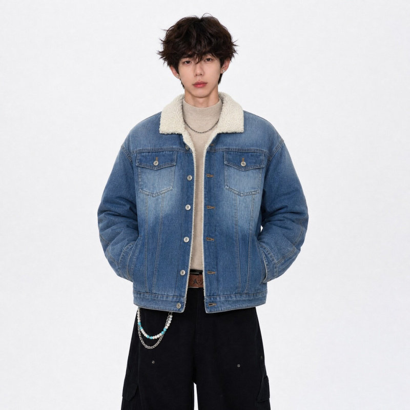 蓝色羊羔绒翻领牛仔棉服男冬季