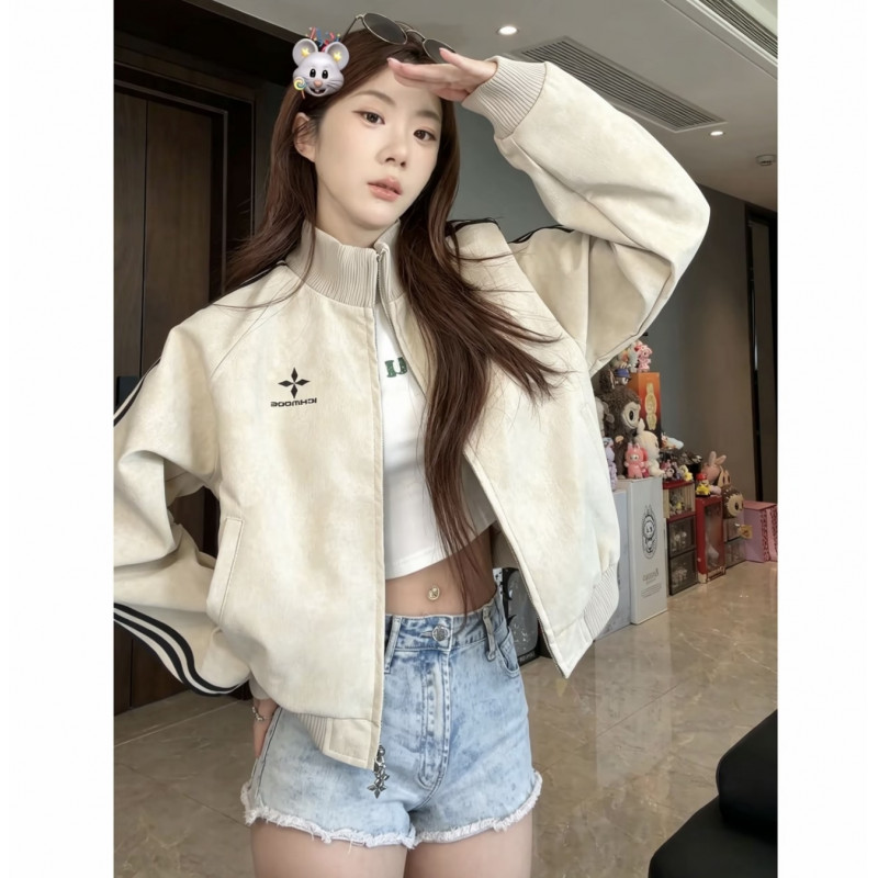 秋季三条杠复古PU皮立领夹克