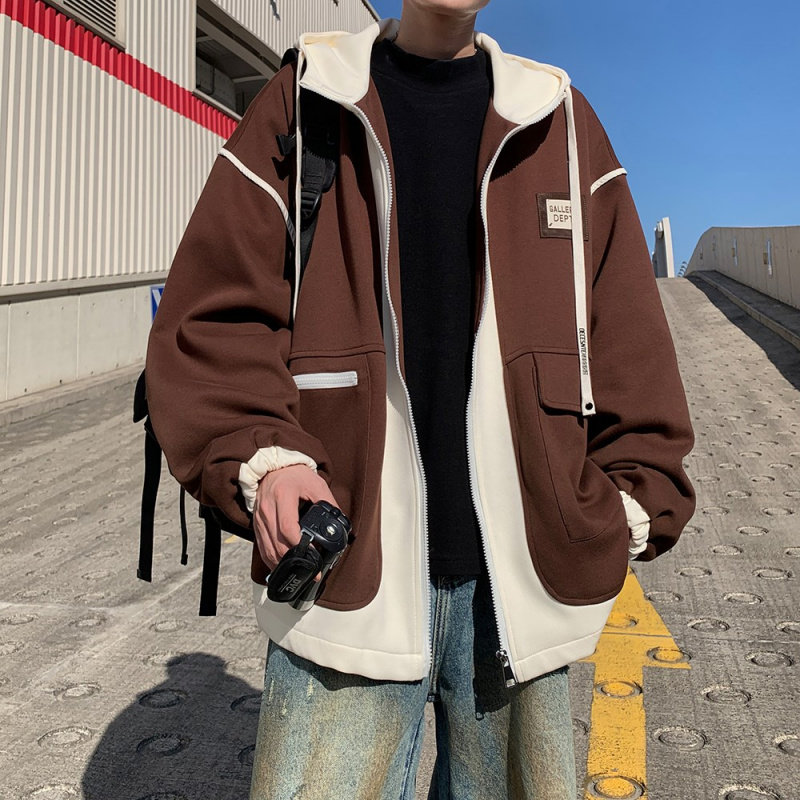 假两件拼接连帽棒球夹克男大码