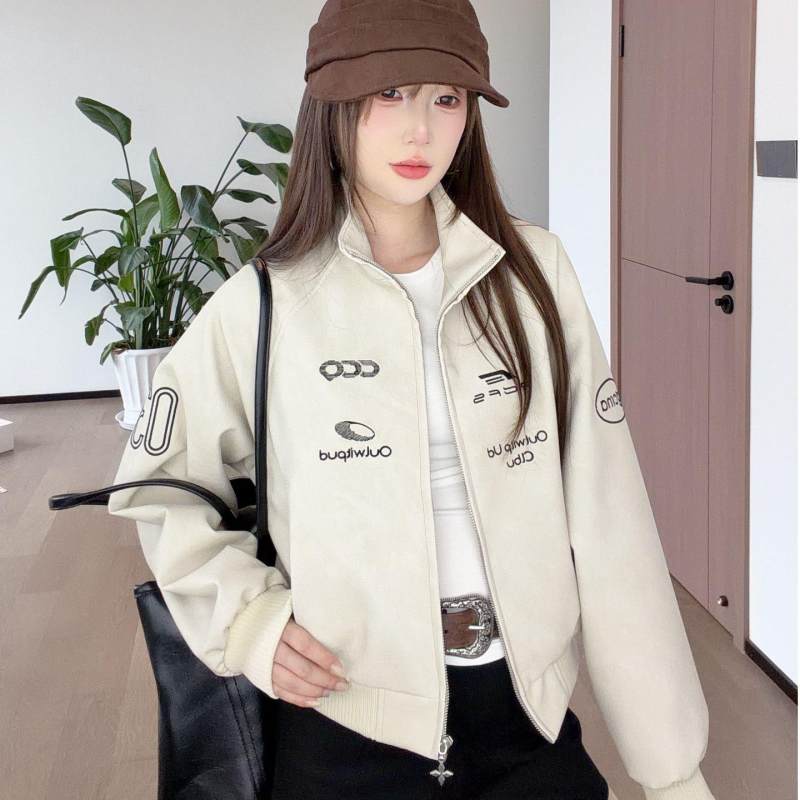 美式机能风刺绣赛车服外套男女春秋PU皮衣短款夹克户外立领骑行服
