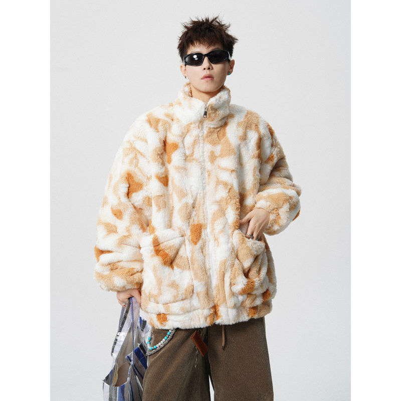 冬季加厚羊羔绒立领扎染情侣棉服