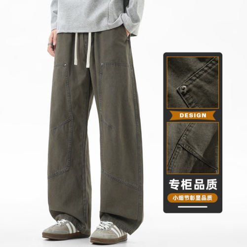 日系纯棉直筒工装裤男宽松显瘦