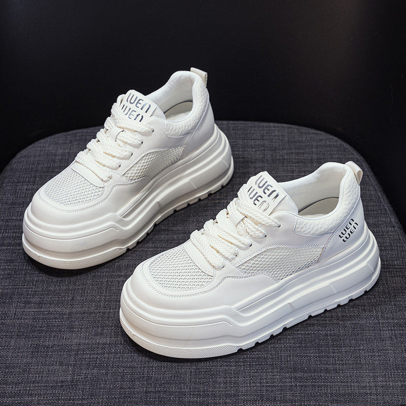 真皮小白鞋女2025春夏新款网面透气百搭轻便厚底增高运动休闲板鞋