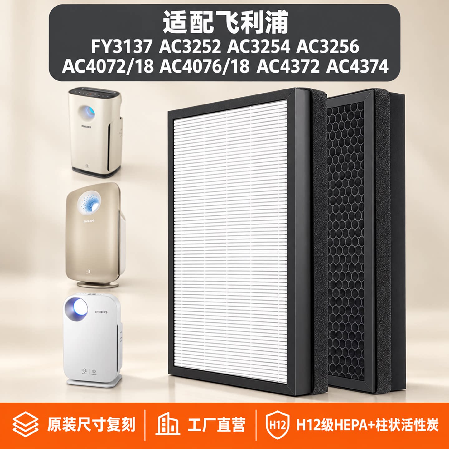 适配飞利浦空气净化器滤芯FY3137过滤网AC3254/3256/4374/4076/72