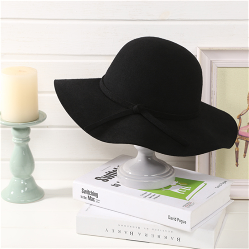 春秋冬帽子女士英伦复古大沿澳洲纯羊毛遮阳帽蝴蝶结礼帽大码童帽