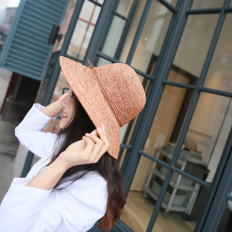 中粗夏天女士大檐拉菲草帽子太阳帽子沙滩帽 防紫外线可折叠大码