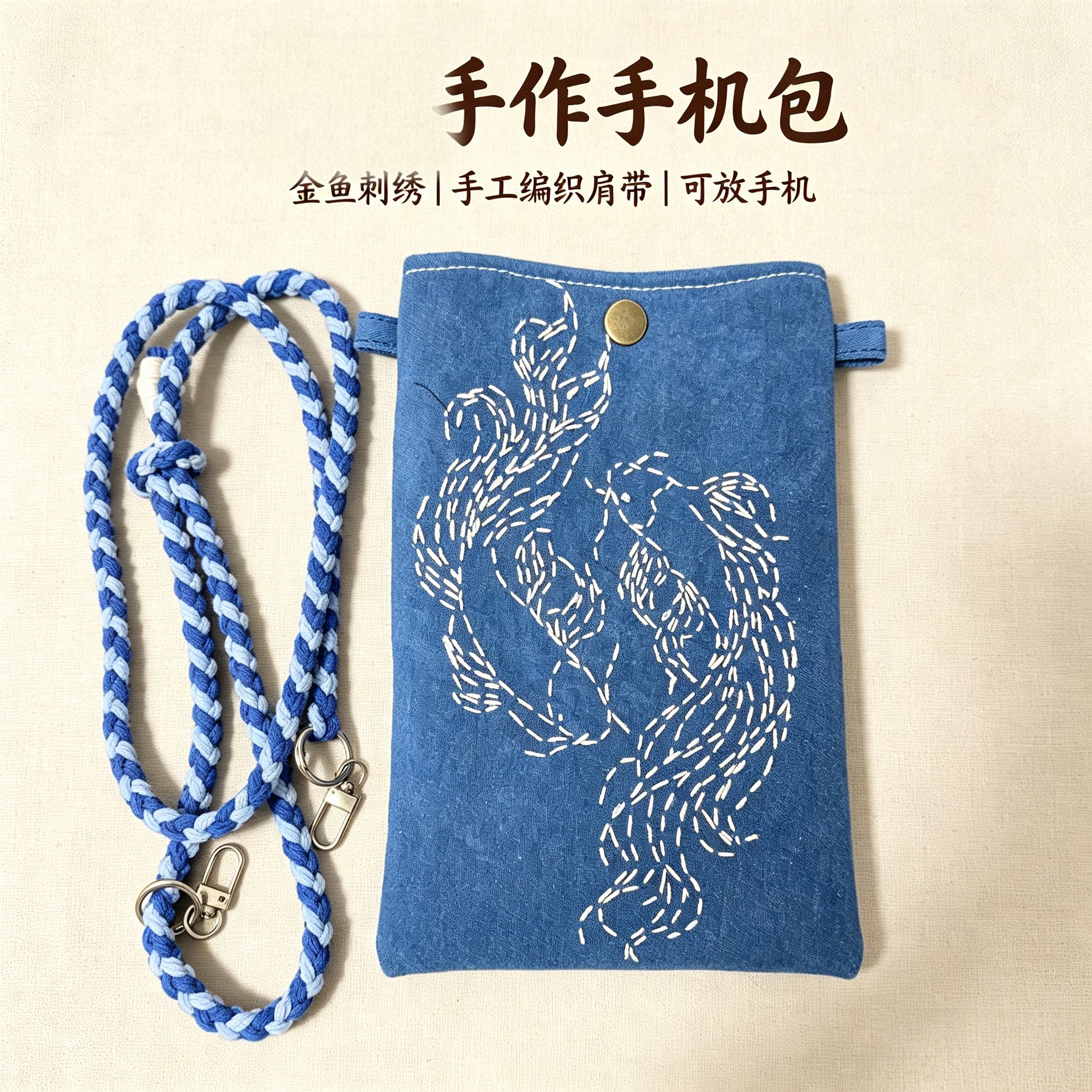 原创手工手机包蓝染包刺子绣包鱼包斜挎包包小方包百搭复古文创包