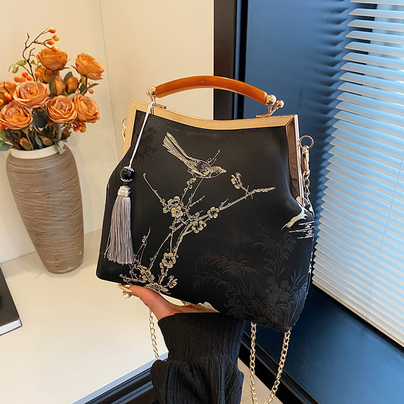 复古香云纱手提流苏口金包中式单肩斜挎旗袍手工女包气质妈妈包