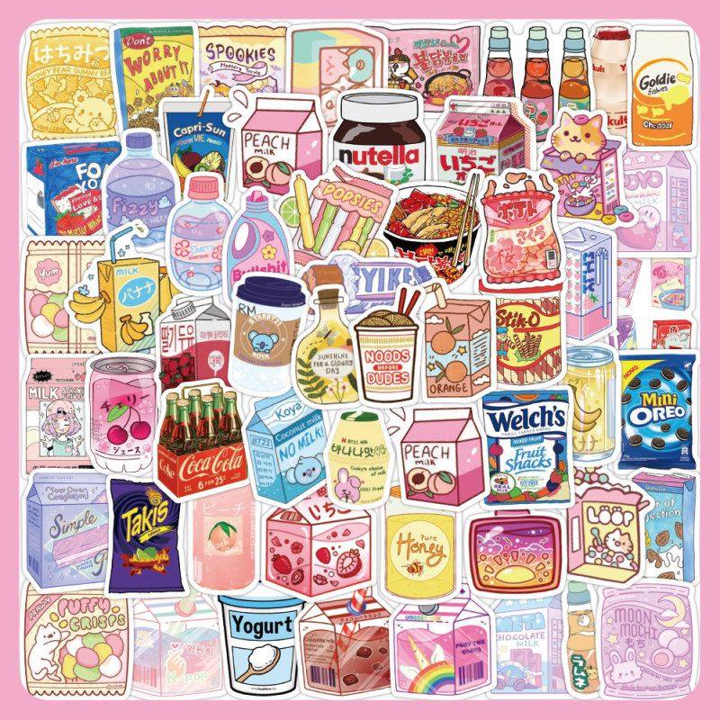 100张卡通零食大礼包贴纸可爱牛奶可乐饼干洗漱杯笔记本防水小画