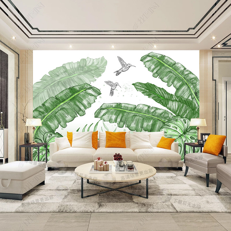 北欧风格背景墙壁纸现代简约壁布卧室墙纸墙布热带雨林植物壁画5d