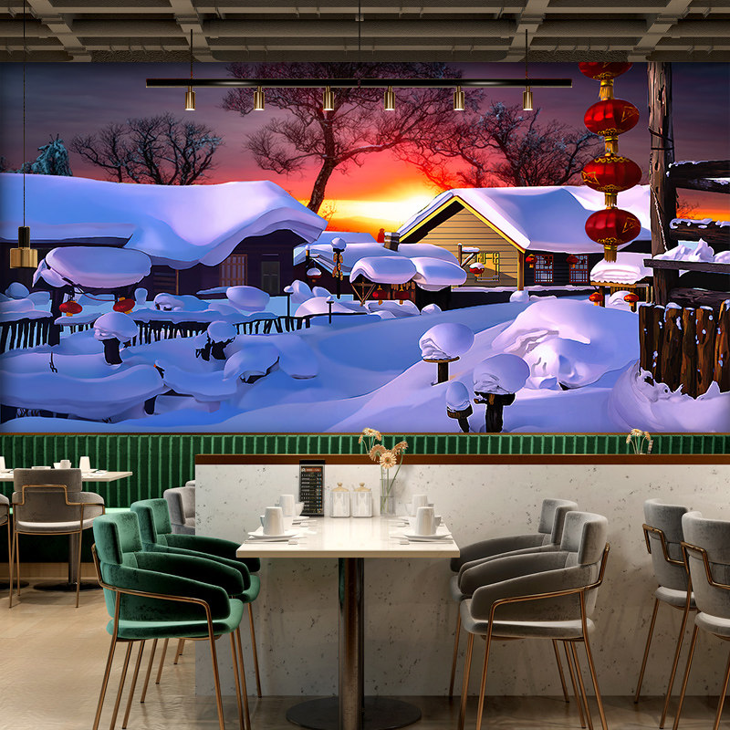 北方雪景雪乡包厢背景墙纸东北饭店餐厅壁纸铁锅炖农家土菜馆壁画