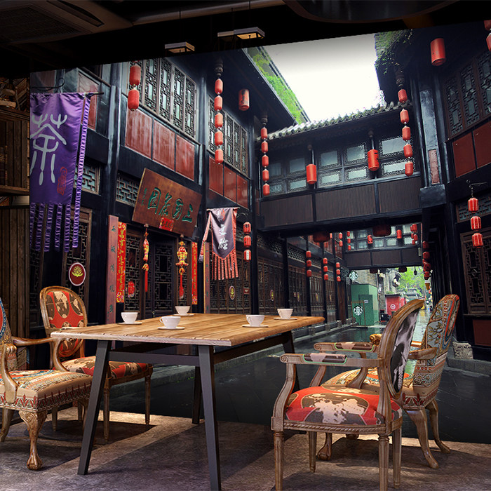 5d复古怀旧中式建筑壁纸四川成都壁画餐厅饭店火锅店餐馆火锅墙纸