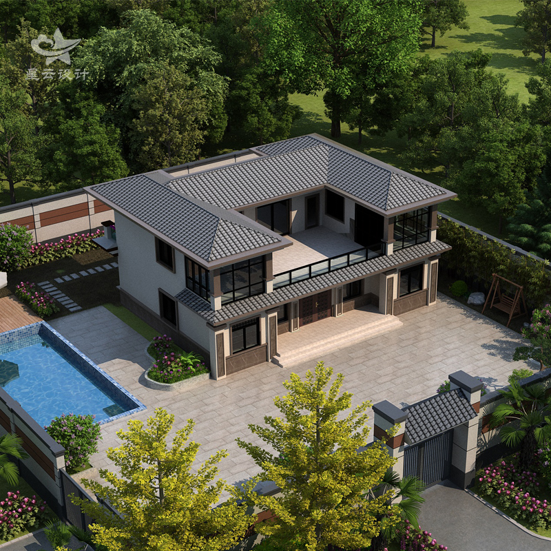 农村自建房二层新中式豪华别墅大户型两层小洋楼带露台堂屋效果图