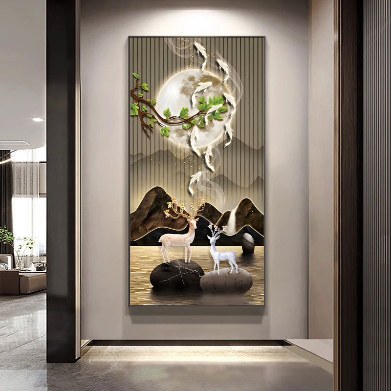 玄关装饰画高级感轻奢麋鹿金色树叶走廊过道挂画样板间楼梯软装挂图片
