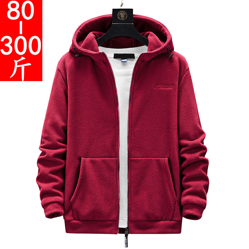 加肥佬加大码男装开衫卫衣春秋季特大号休闲运动外套胖人红色褂子