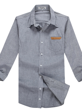 热血高校 修身潮流百搭款卷袖灰色纯麻七分袖立领衬衫QXNddUeE