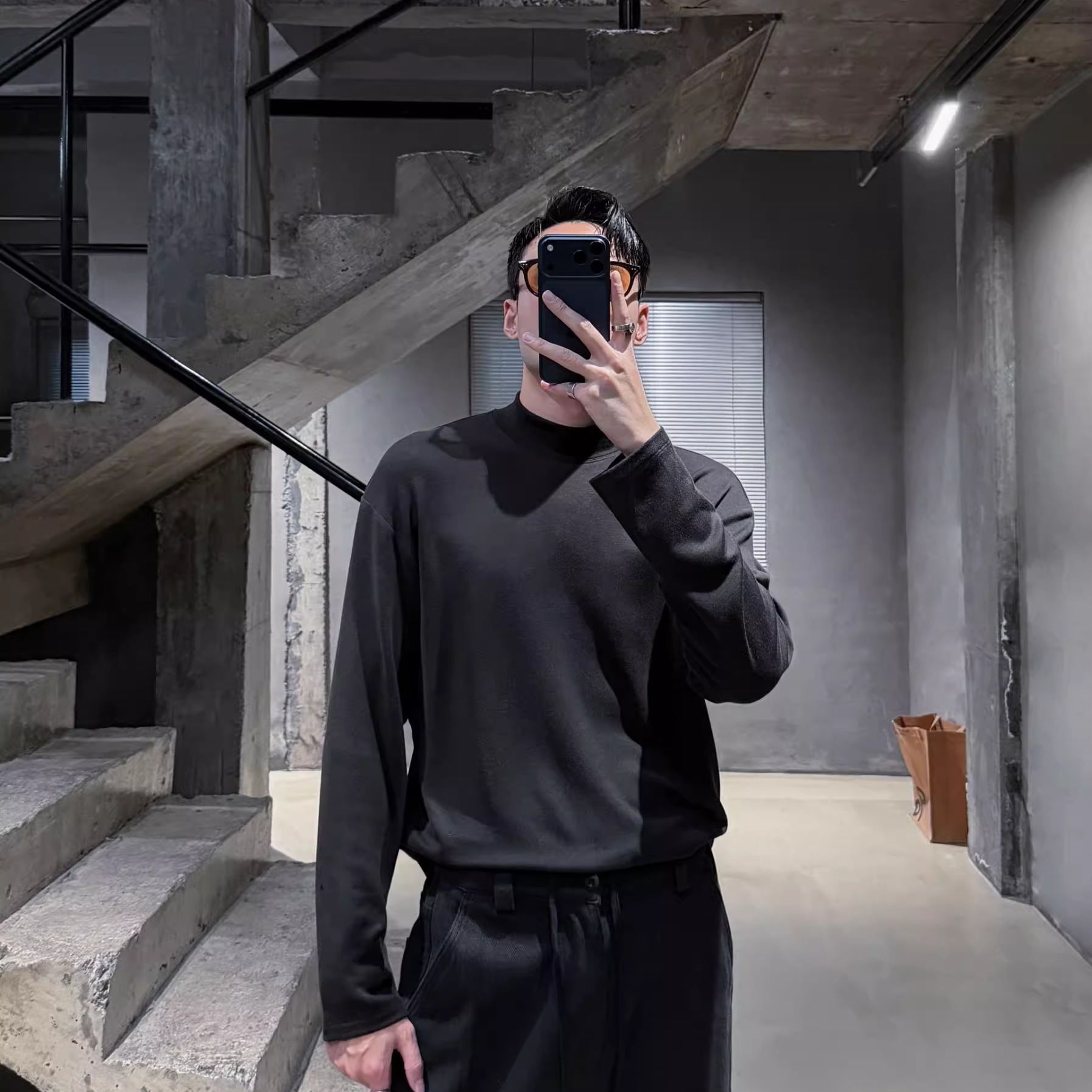 Mr.ye 半高领莱赛尔羊毛混纺基础纯色抓绒打底长袖t恤