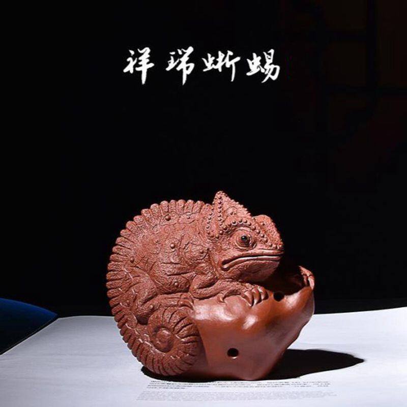 新品宜兴精品紫砂茶宠大红袍蜥蜴纯手工创意雕塑可养茶玩摆件茶道