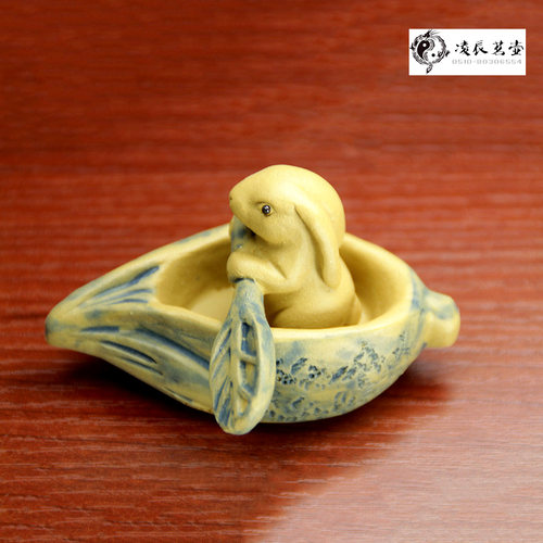 紫砂小兔划船小兔生肖兔宜兴茶宠雕塑小兔子茶玩摆件茶盘配件包邮