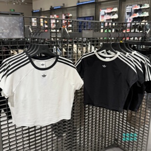 Adidas三叶草女子经典三条纹高腰短款圆领运动短袖KT7793 KT7794
