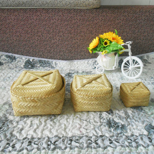 仿古竹编便携迷你茶叶罐子竹编收纳筐篮子小号围棋圆形旅行收纳盒