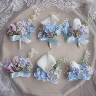 蓝色韩式婚礼结婚胸花手腕花新娘新郎父母亲家人伴娘伴郎开业庆典