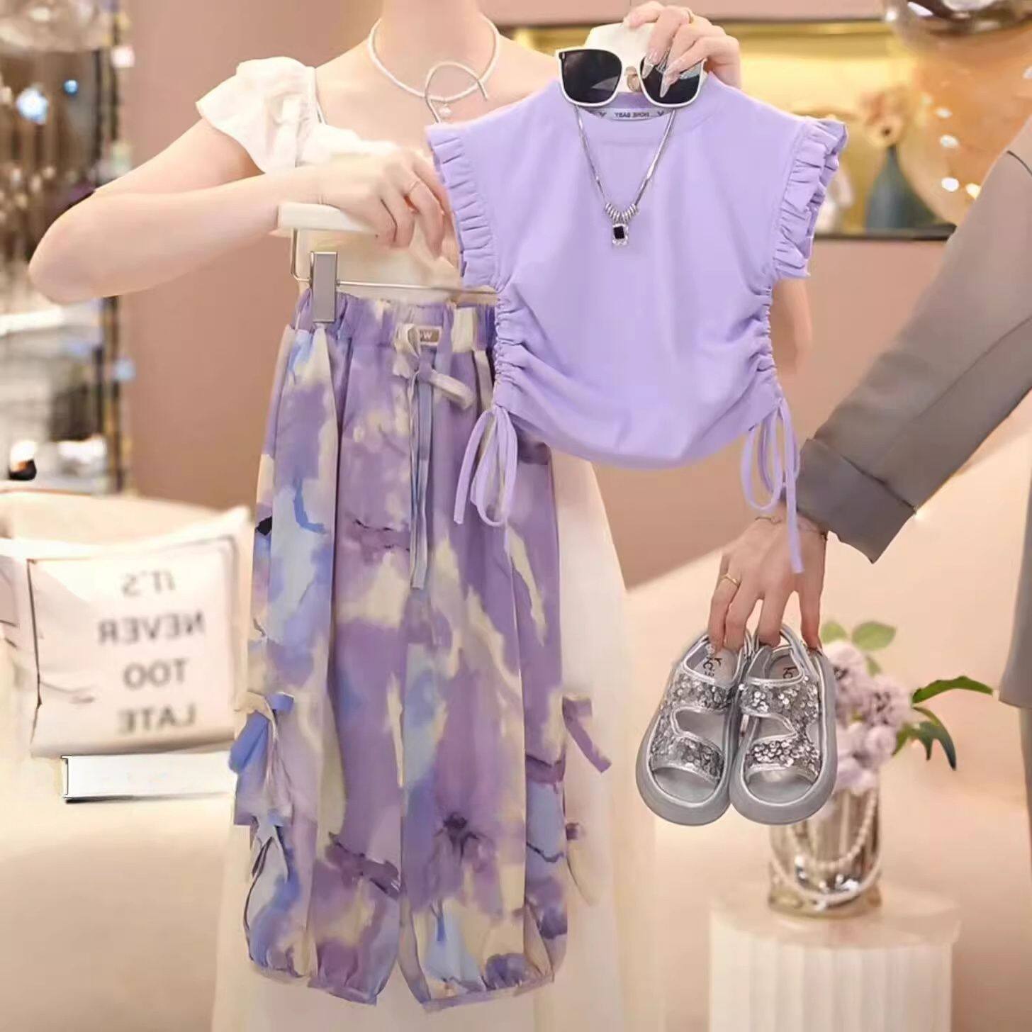童装女童夏季新款无袖背心显瘦裤子套装中大儿童套装纯色无袖背心