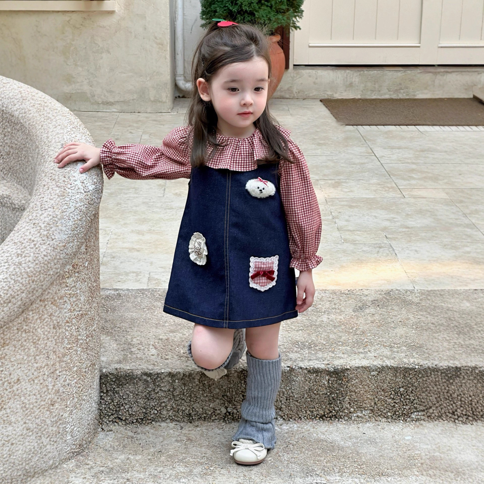 DZ25317女童童套装2025秋婴幼儿女宝宝卡通背带连衣裙格子娃娃衫