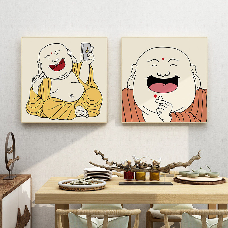 大肚弥勒笑佛像挂画新中式餐厅客厅背景墙面装饰房间卧室床头壁画