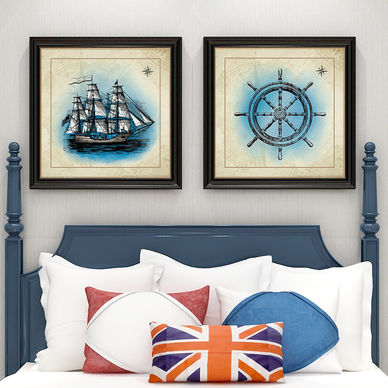 起贝美式风格儿童房装饰画男孩地中海帆船挂画卧室床头壁画