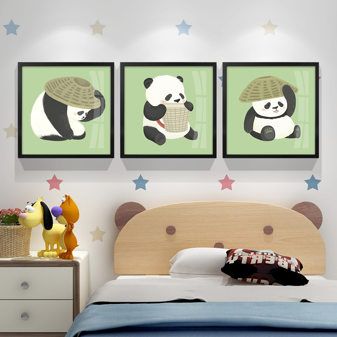 起贝默酱新中式现代客厅熊猫挂画