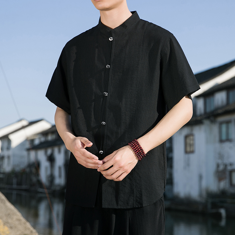 T818^风半袖男上衣锦棉衬衫民族风盘扣短袖T弹性T，男装T恤，钱塘777(原3023)