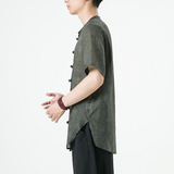 C38^苎麻休闲短袖衬衫中式潮流复古盘扣清凉薄款立领衬衣，男装T恤，钱塘777(原3023)