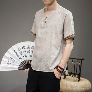 1702^风男装仿棉麻T恤夏季宽松短袖古风上衣中式t恤量大从优,中式婚礼搭配喜妈妈衣服图片