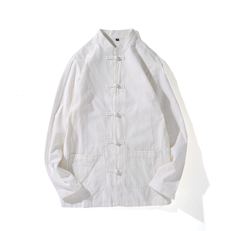 0669^中式棉衬衫男长袖复古风盘扣风青年中山唐装衬衣禅服，男装衬衫，钱塘777(原3023)