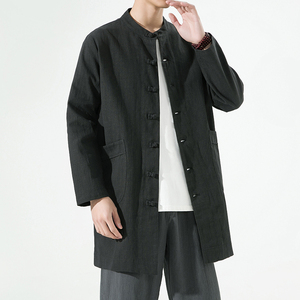 JK231^ 复古春秋风衣夹克 棉麻唐装风民族服装亚麻长款男上衣，男装民族服装，钱塘777(原3023)