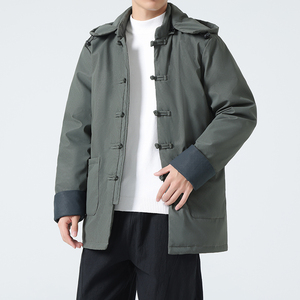 9399^ 连帽 中长款男士唐装羽绒服外套风盘扣冬装图片
